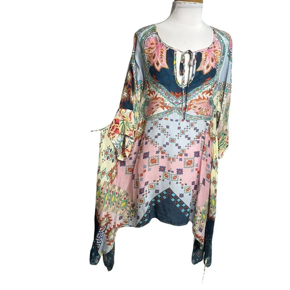 Johnny‎ was kaftan tunic top mixed print tie back asymmetrical Sz M